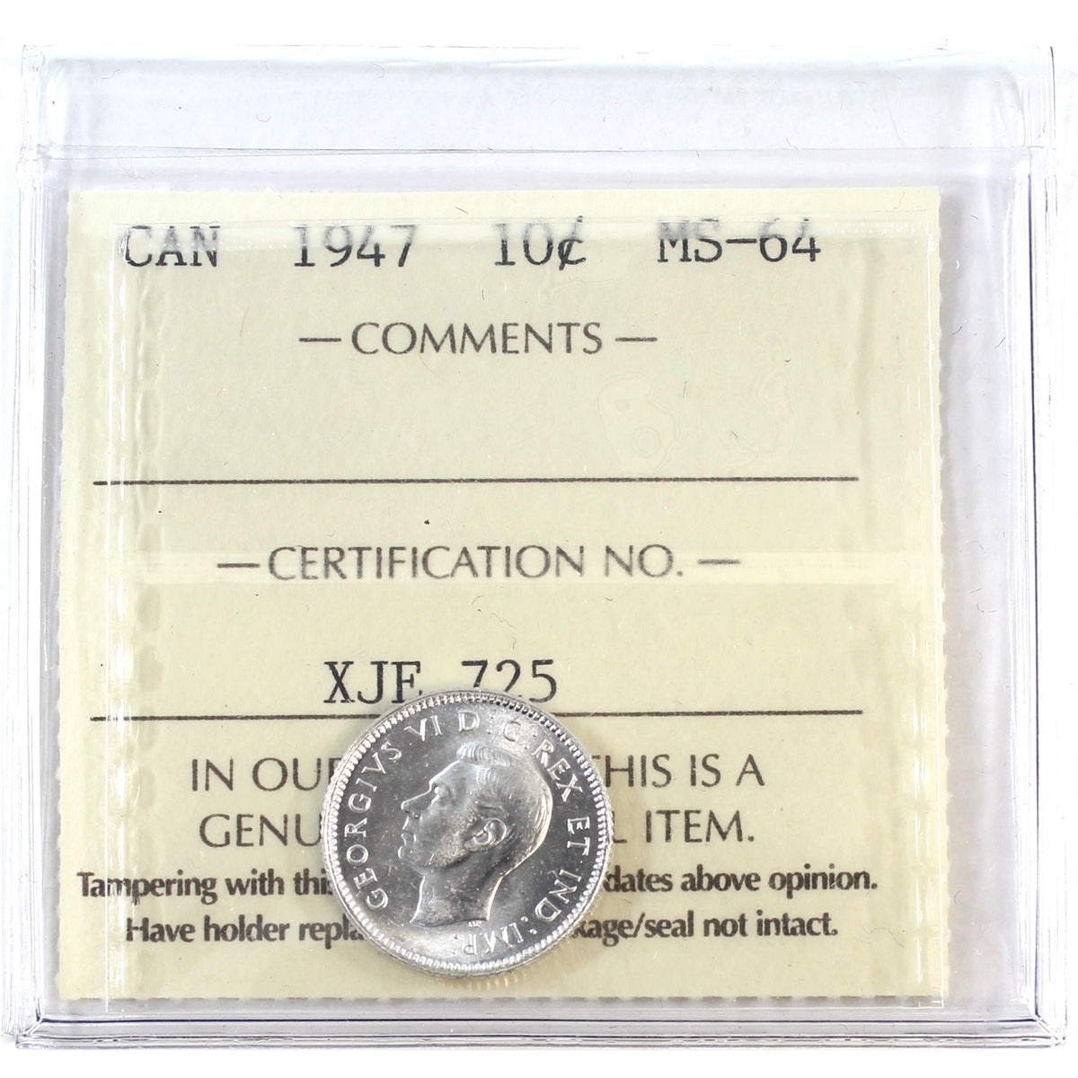 1947 Canada 10-cents ICCS Certified MS-64