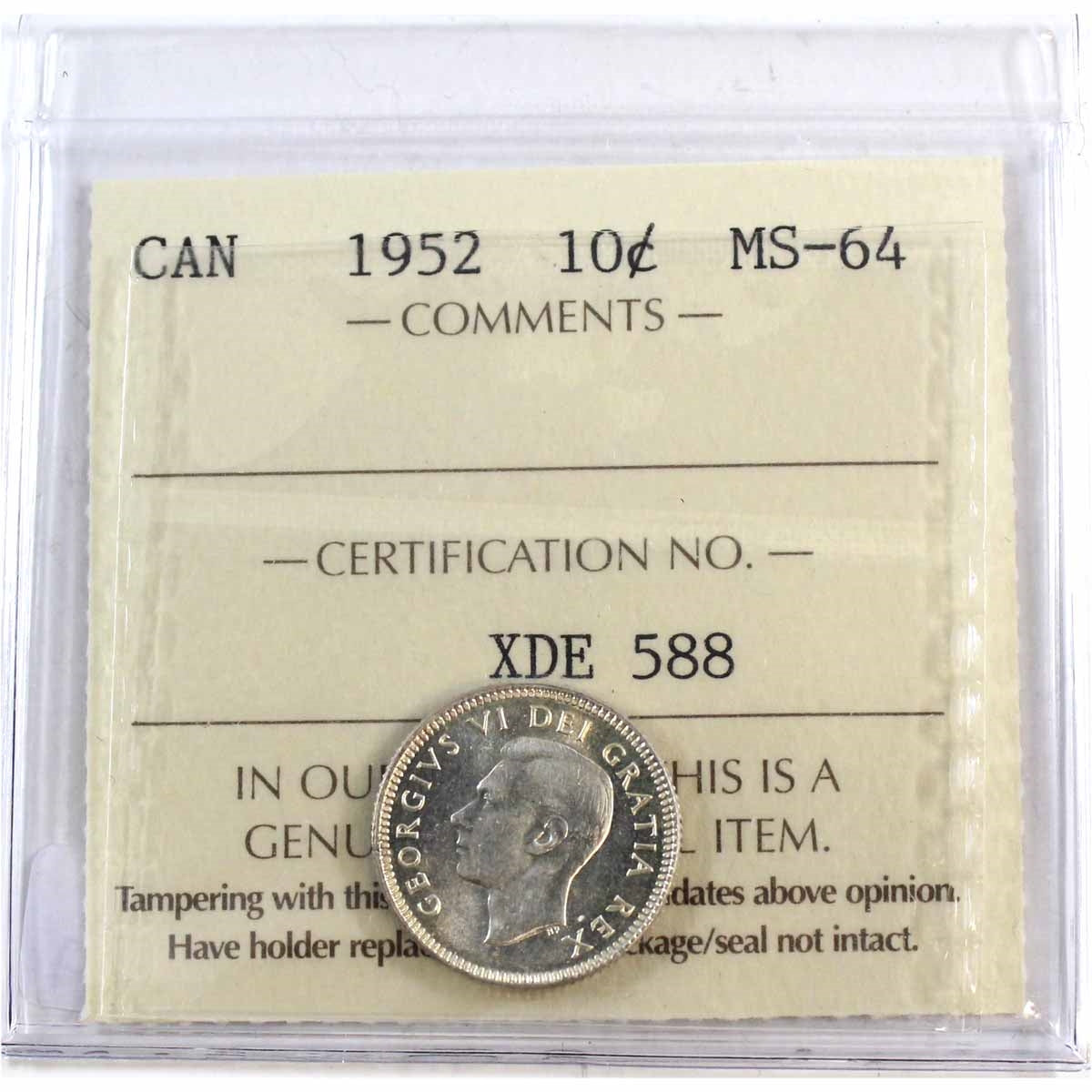 1952 Canada 10-cents ICCS Certified MS-64