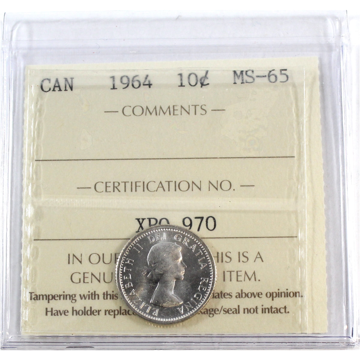 1964 Canada 10-cents ICCS Certified MS65