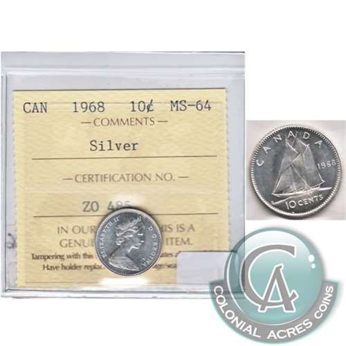 1968 Silver Canada 10-cents ICCS Certified MS64