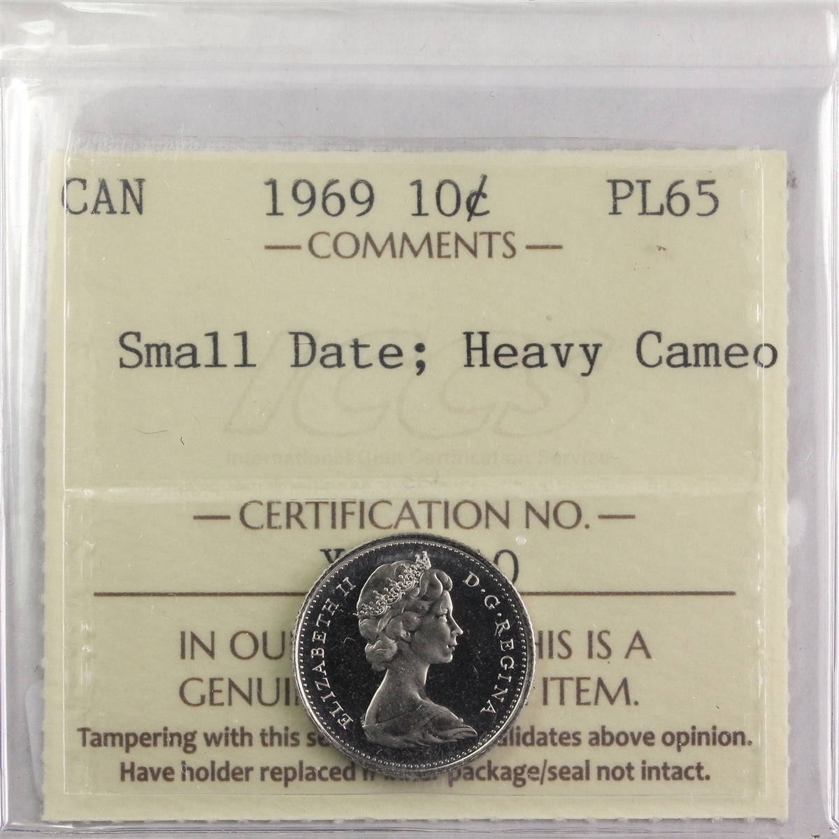 1969 Small Date Canada 10-cents ICCS Certified PL65 Heavy Cameo