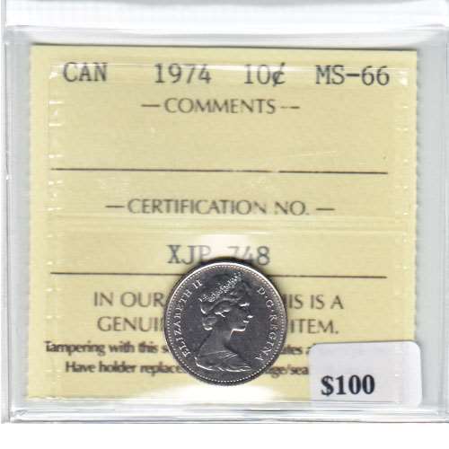 1974 Canada 10-cents ICCS Certified MS66