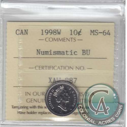 1998W Canada 10-cents ICCS Certified MS64 Numismatic BU