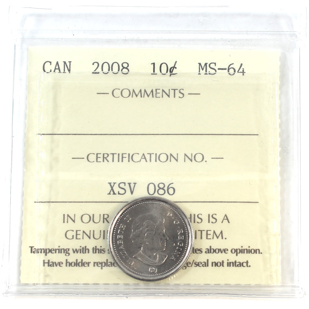 2008 Canada 10-cents ICCS Certified MS-64