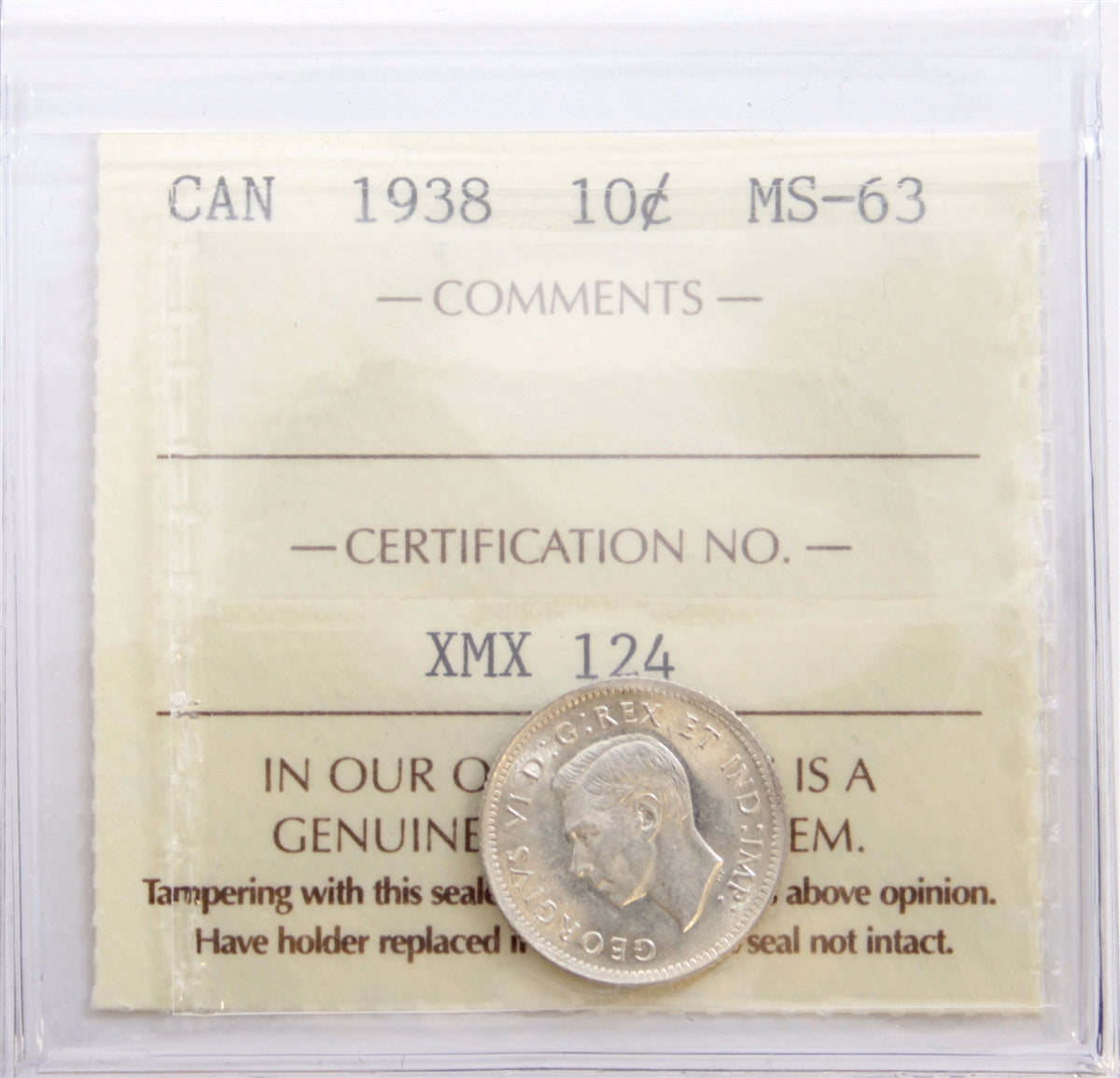 1938 Canada 10-cents ICCS Certified MS63