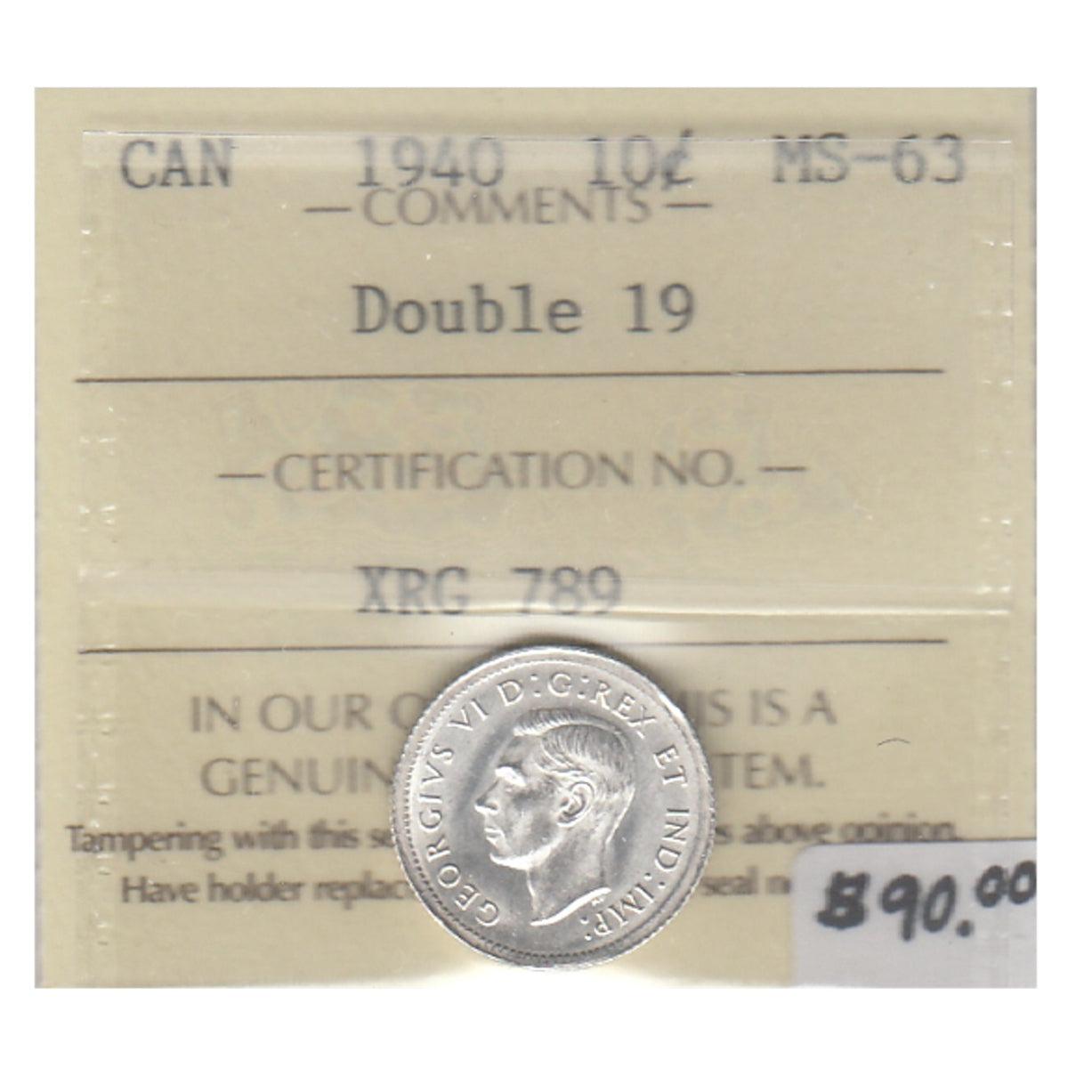 1940 Double 19 Canada 10-cents ICCS Certified MS63