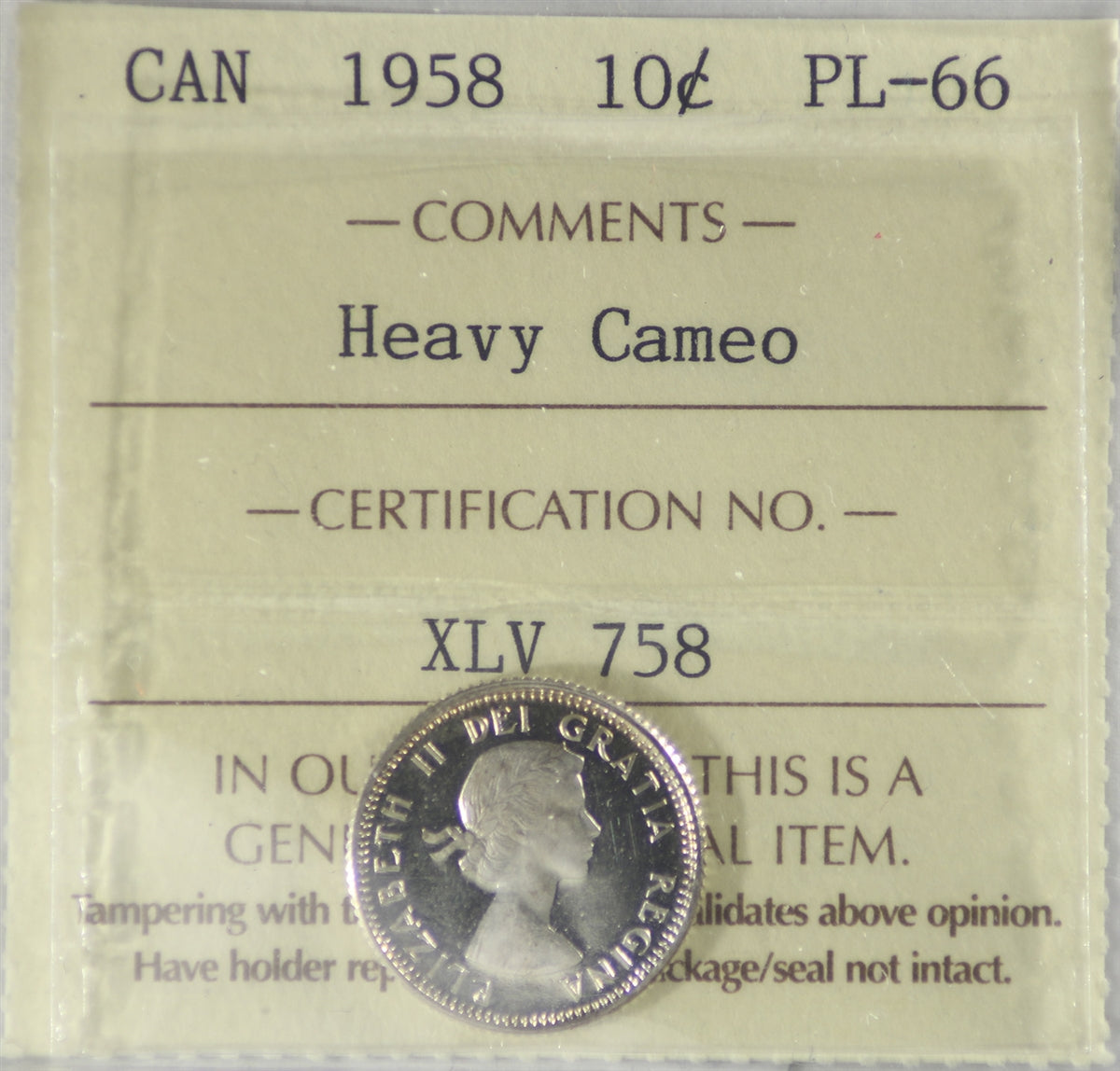 1958 Canada 10-cents ICCS Certified PL-66 Heavy Cameo