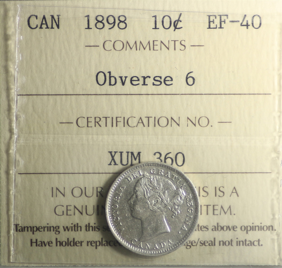 1898 Obv. 6 Canada 10-cents ICCS Certified EF40