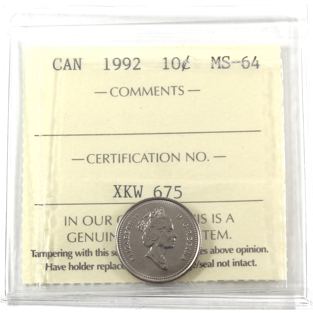 1992 Canada 10-cents ICCS Certified MS64