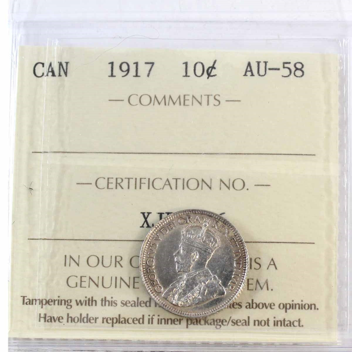 1917 Canada 10-cents ICCS Certified AU-58
