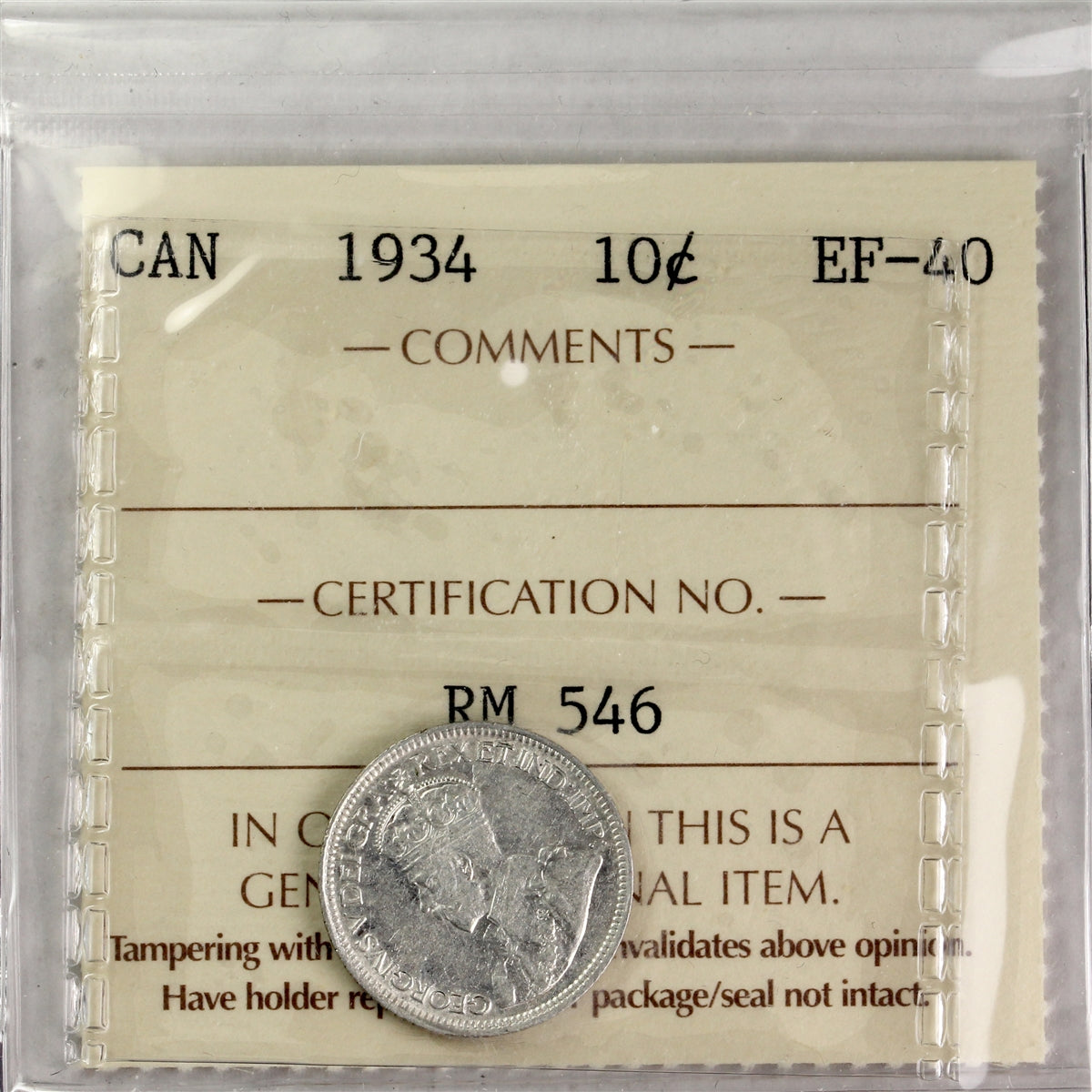 1934 Canada 10-cents ICCS Certified EF40