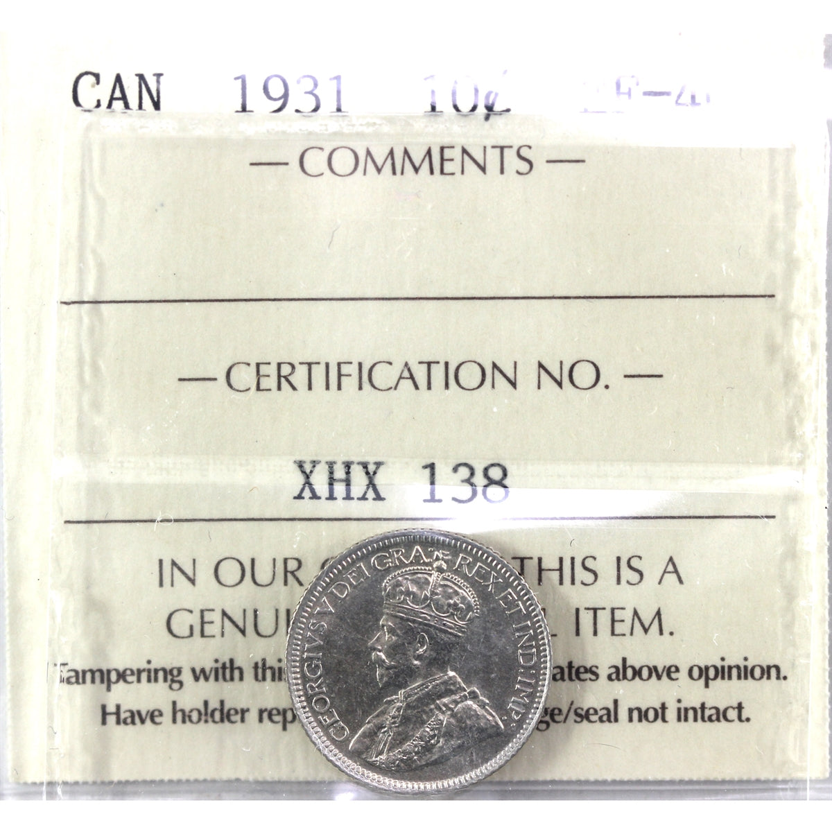 1931 Canada 10-cents ICCS Certified EF40