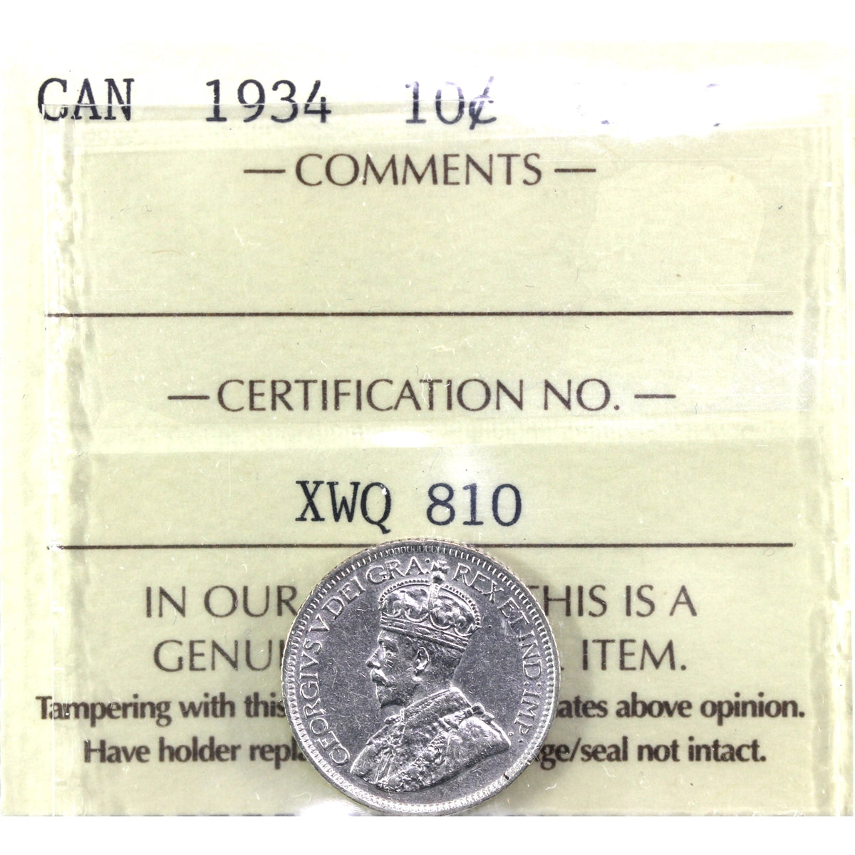 1934 Canada 10-cents ICCS Certified VF30