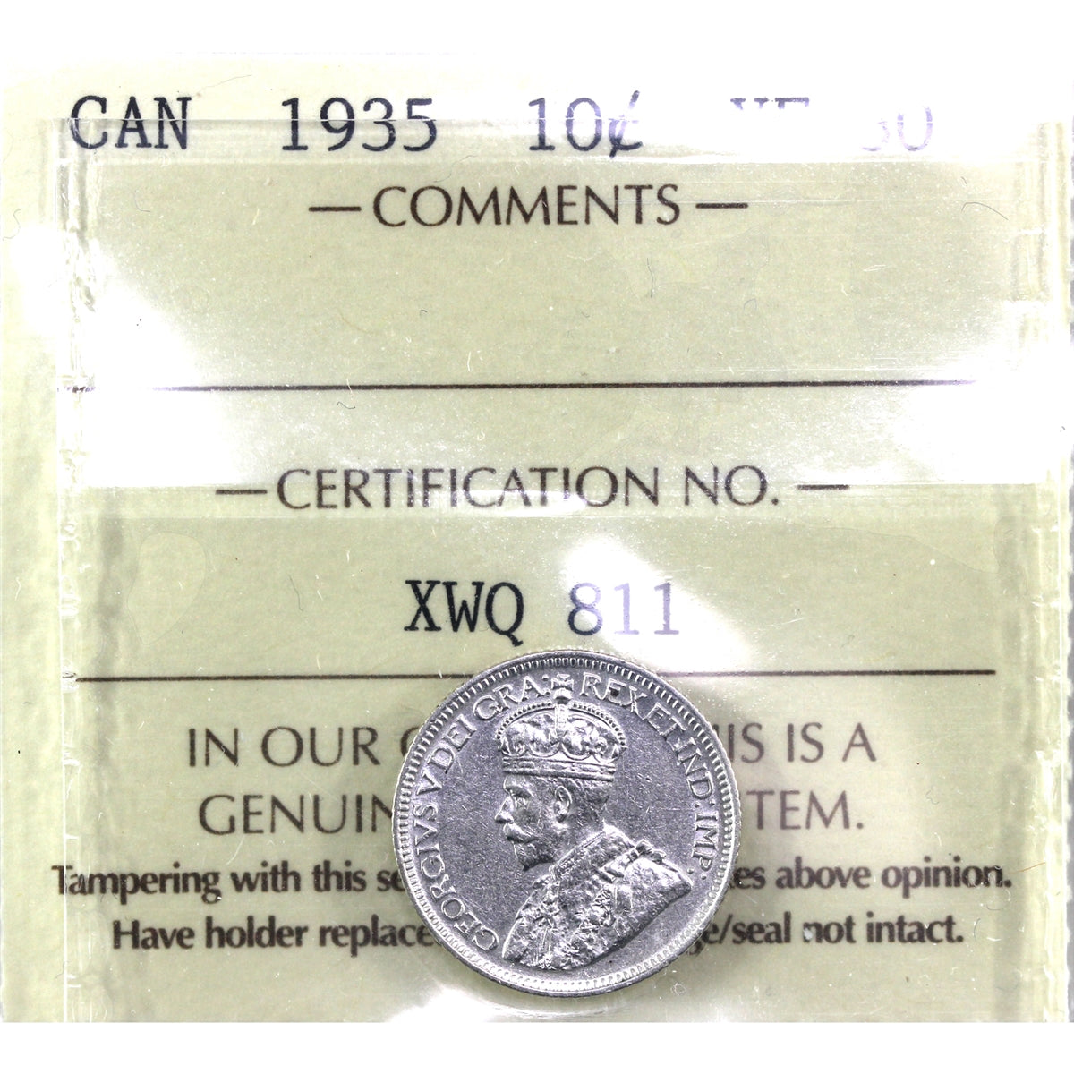 1935 Canada 10-cents ICCS Certified VF30