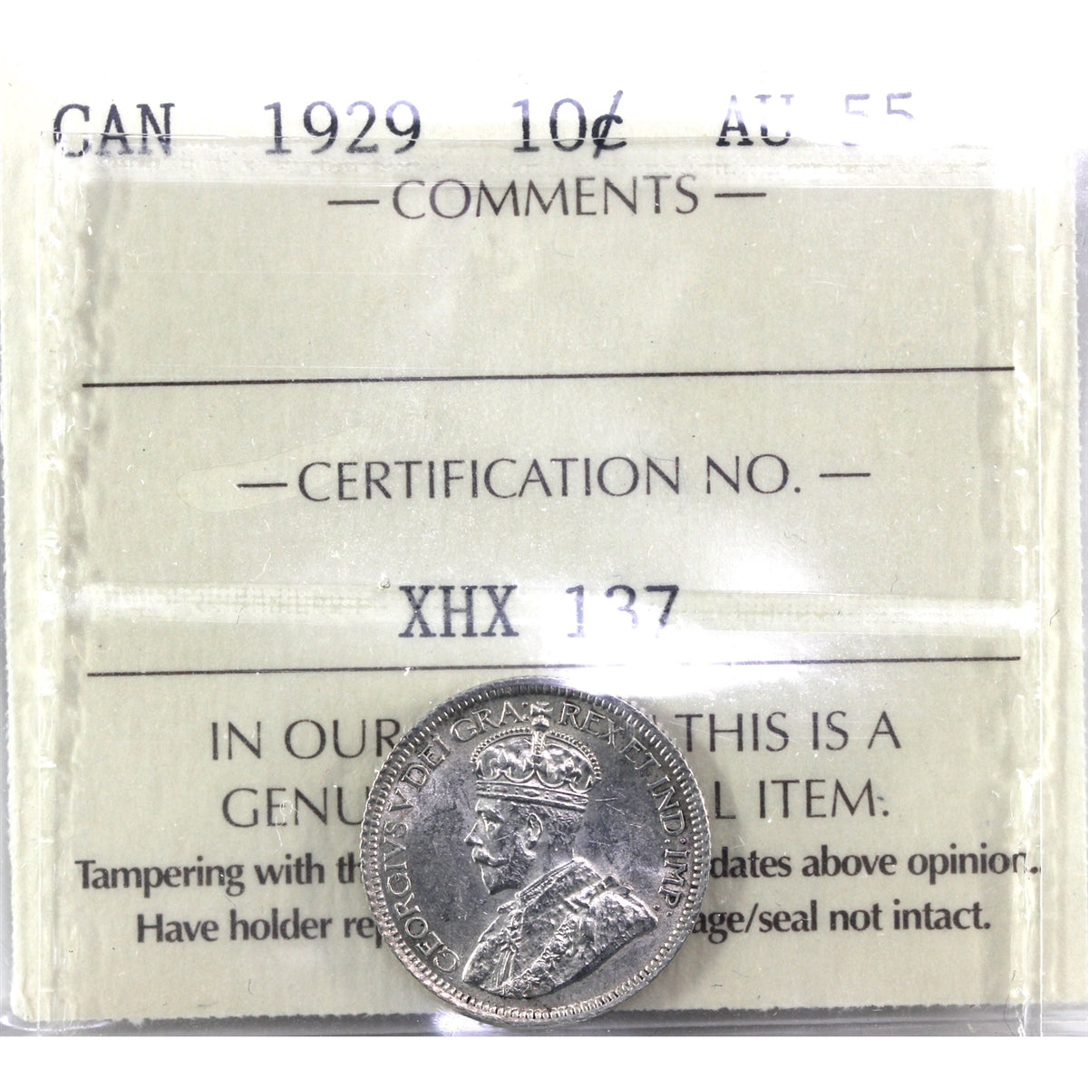 1929 Canada 10-cents ICCS Certified AU55