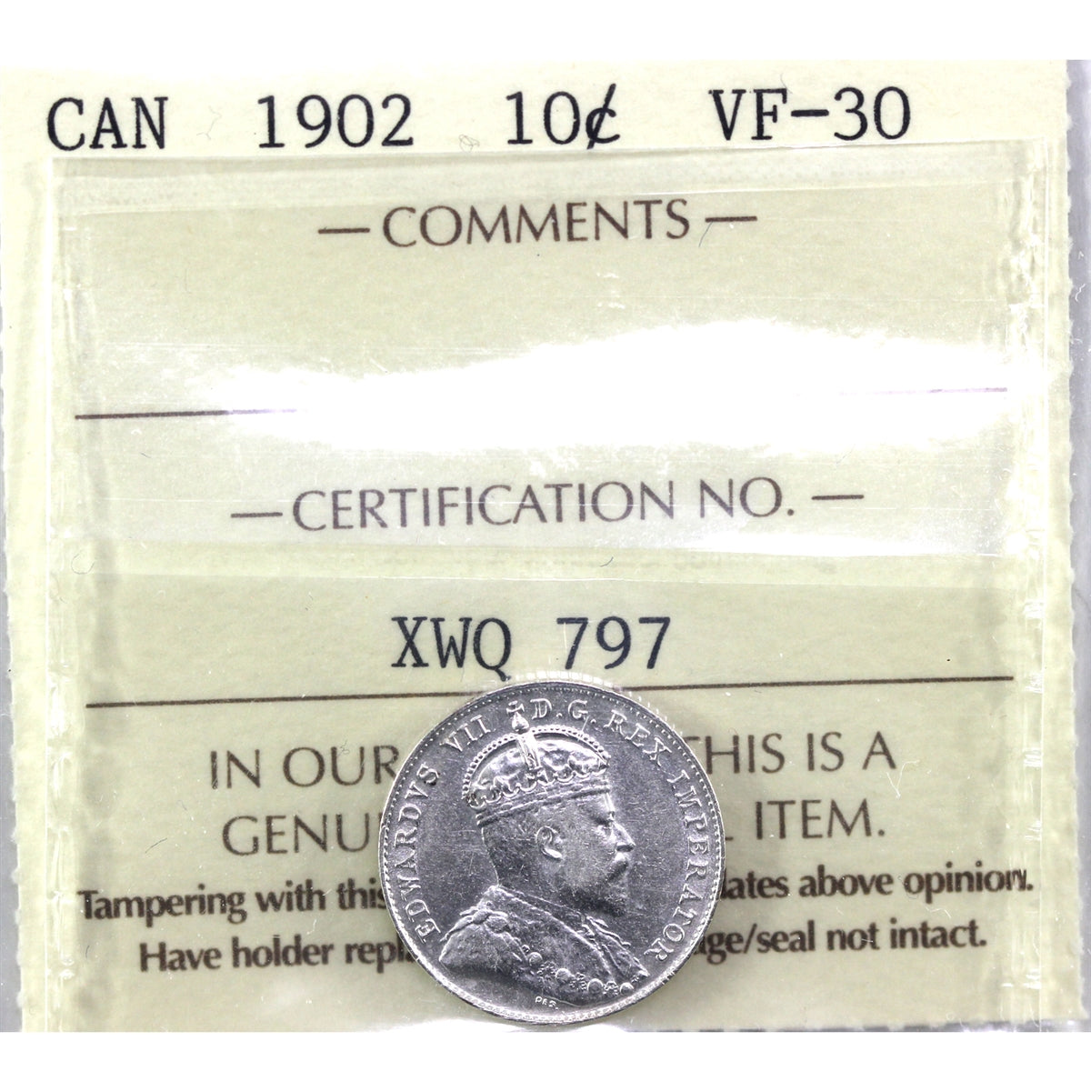 1902 Canada 10-cents ICCS Certified VF30