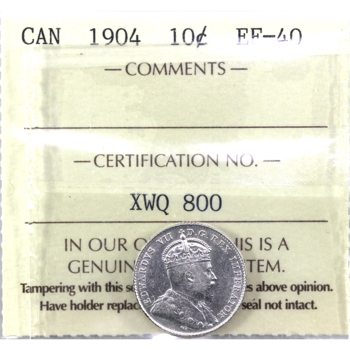 1904 Canada 10-cents ICCS Certfiied EF40 (XWQ 800)
