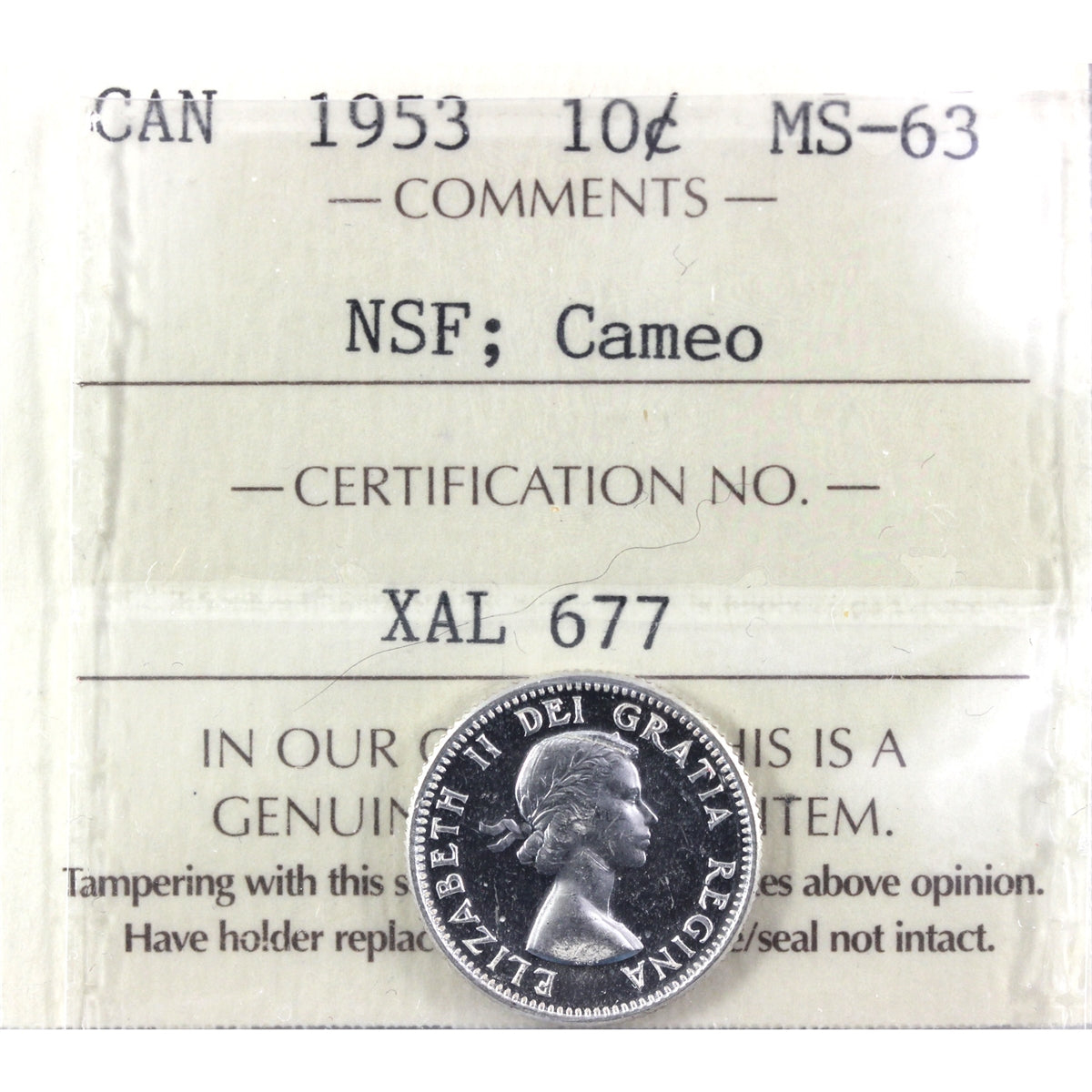 1953 NSF Canada 10-cents ICCS Certified MS63 Cameo