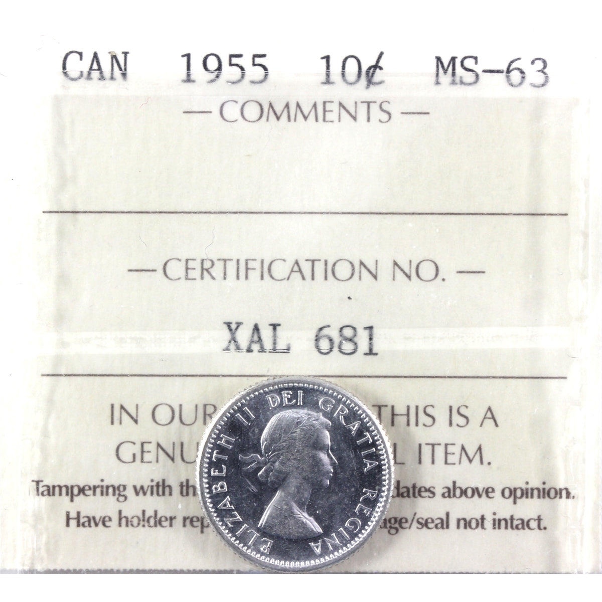 1955 Canada 10-cents ICCS Certified MS63