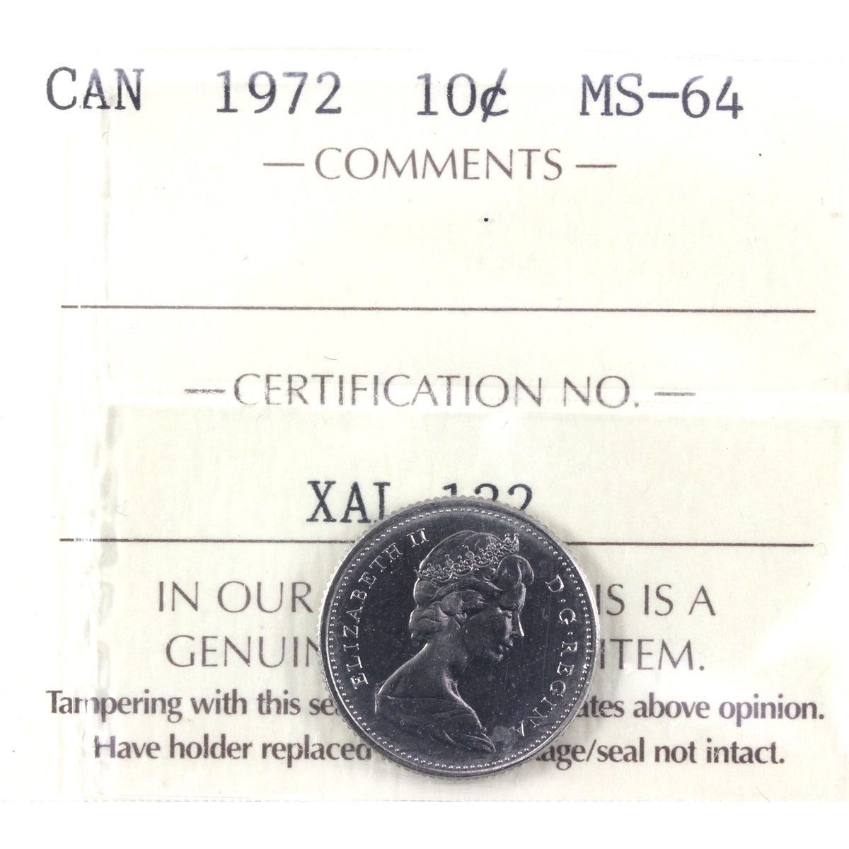 1972 Canada 10-cents ICCS Certified MS64