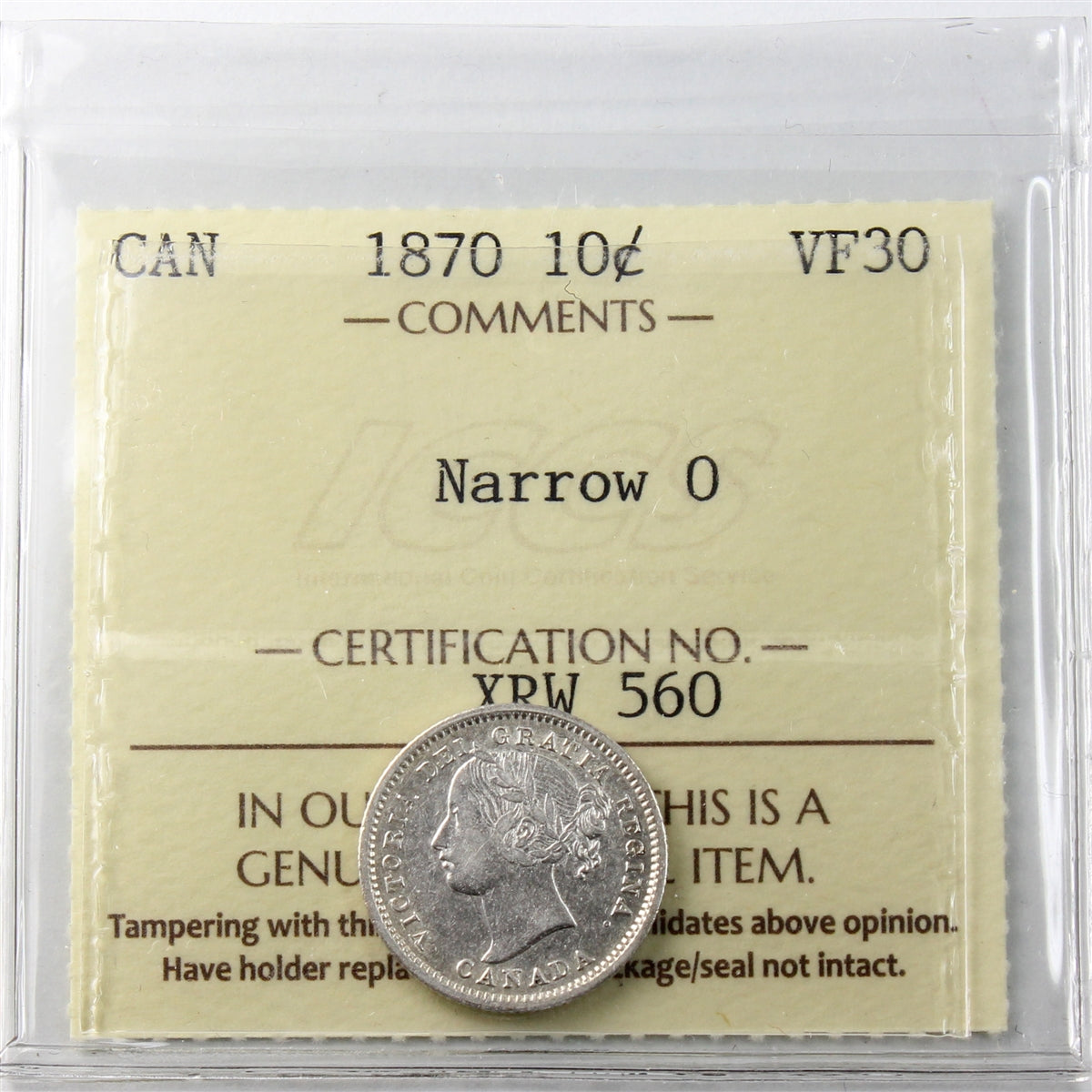 1870 Narrow 0 Canada 10-cents ICCS Certified VF30 (XRW 560)