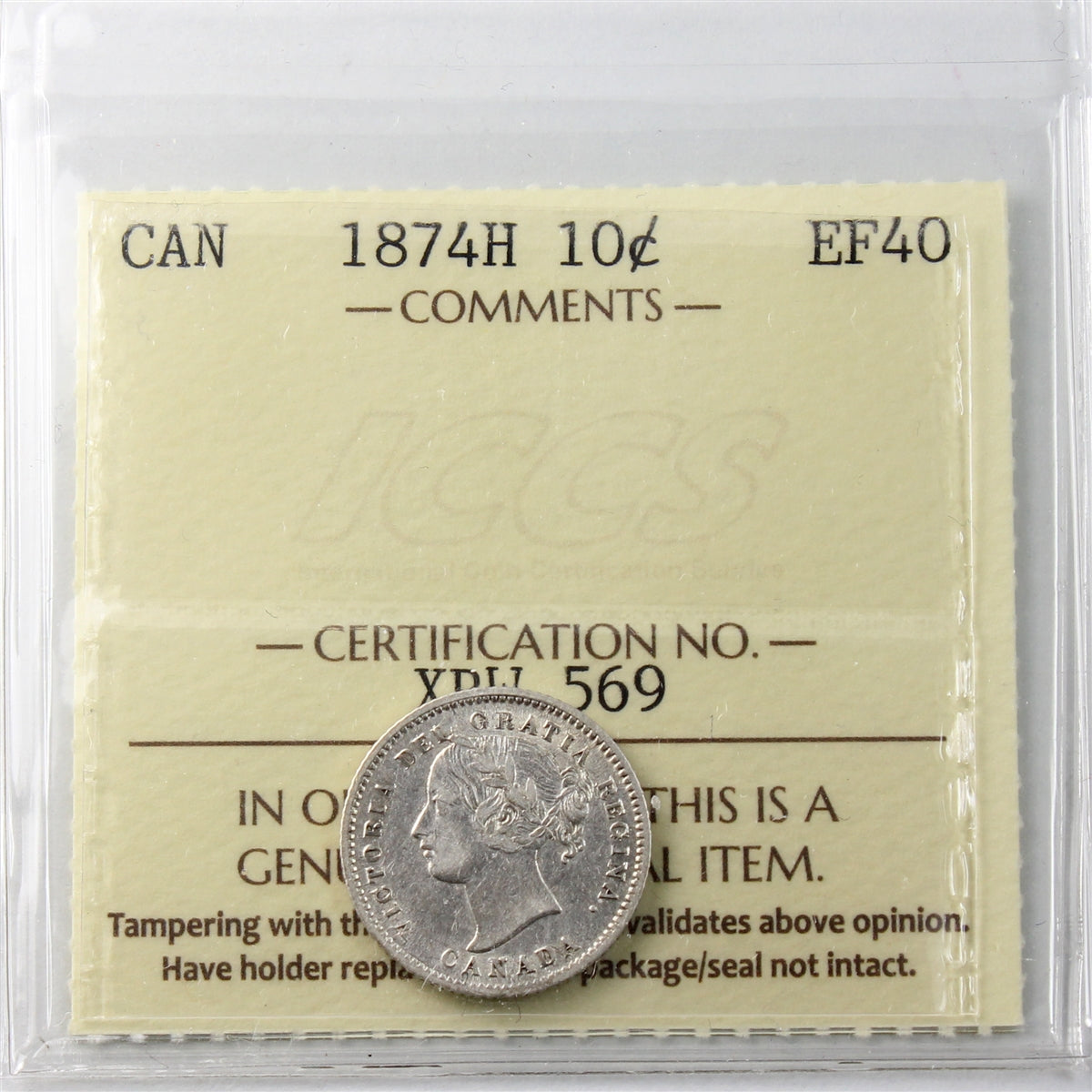 1874H Canada 10-cents ICCS Certified EF40