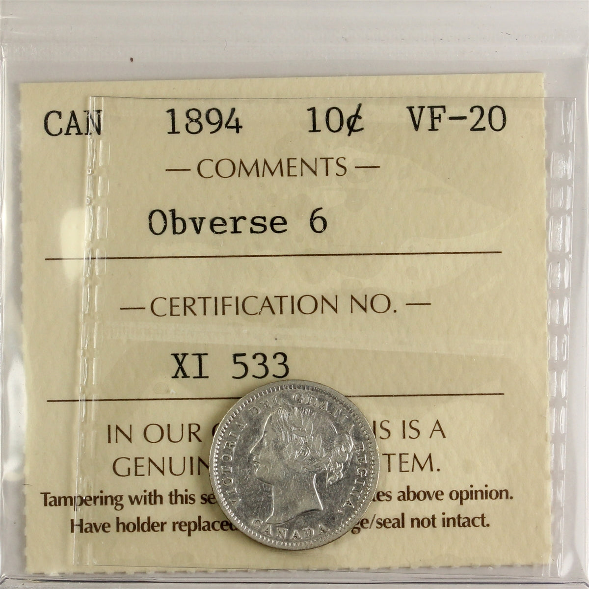1894 Obv. 6 Canada 10-cents ICCS Certified VF20