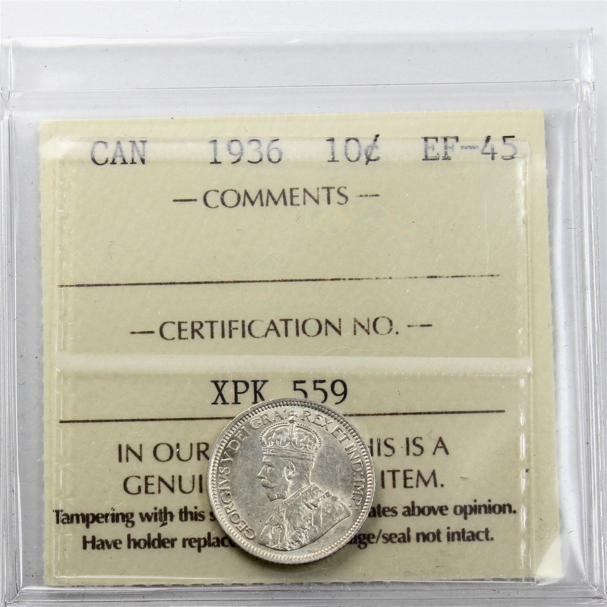 1936 Canada 10-cents ICCS Certified EF-45