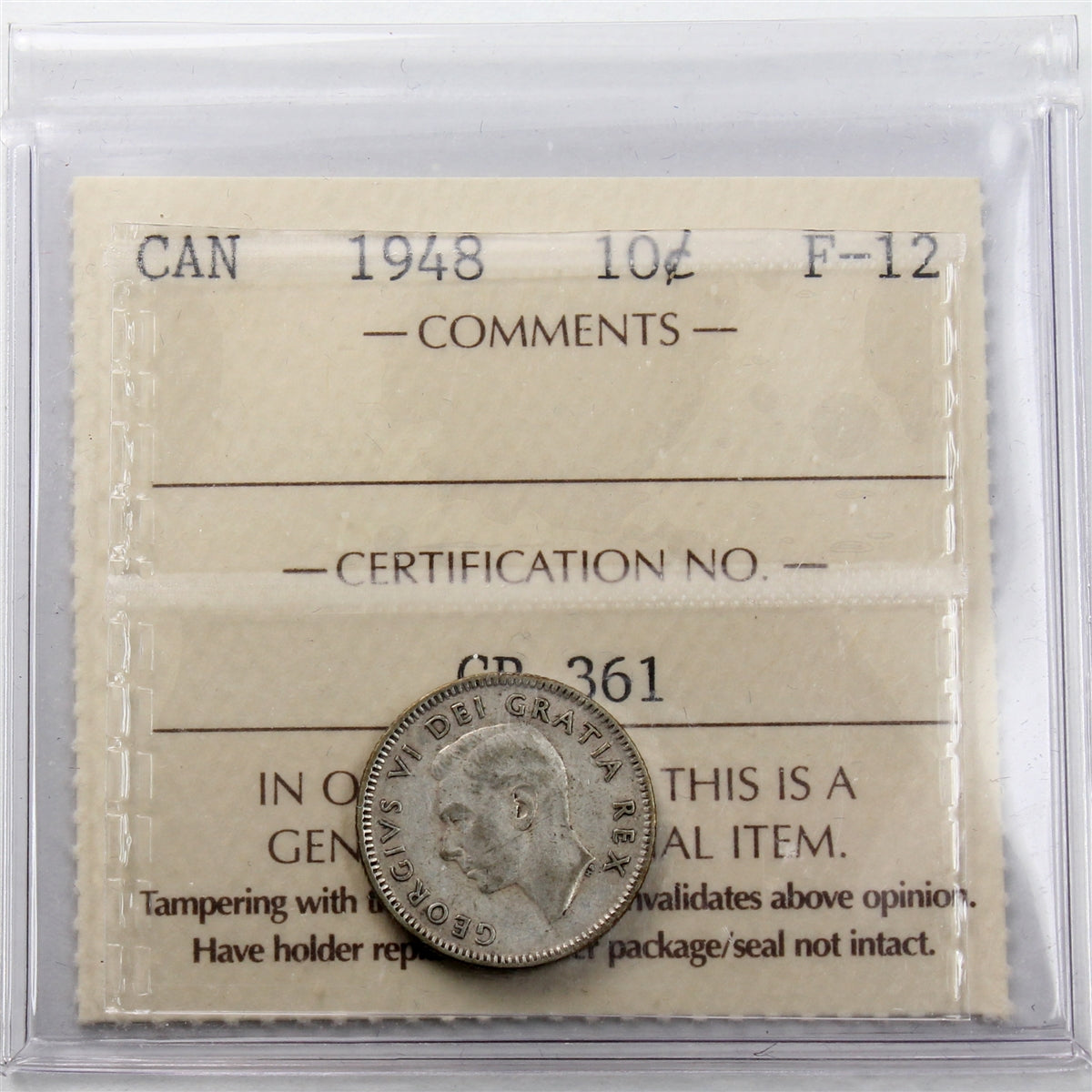 1948 Canada 10-cents ICCS Certified F12
