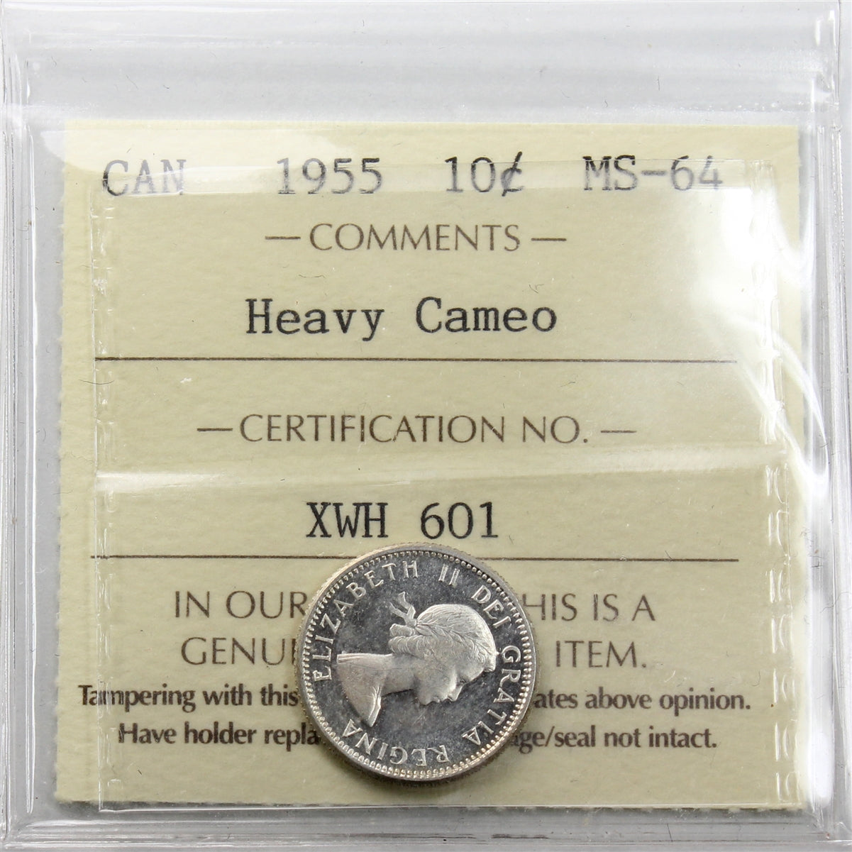 1955 Canada 10-cents ICCS Certified MS64 Heavy Cameo