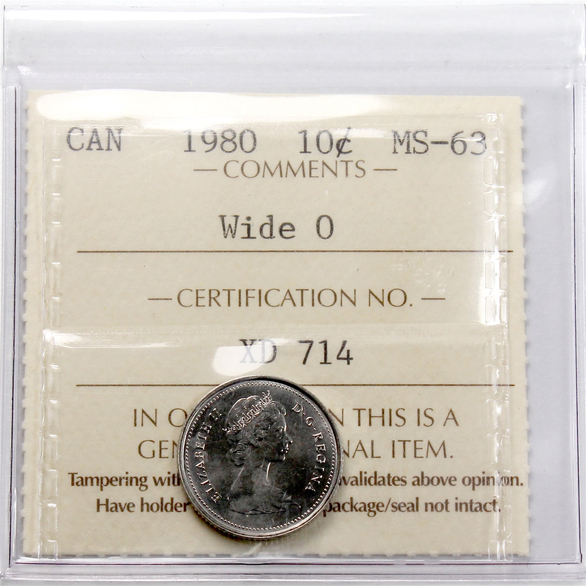 1980 Wide 0 Canada 10-cents ICCS Certified MS63