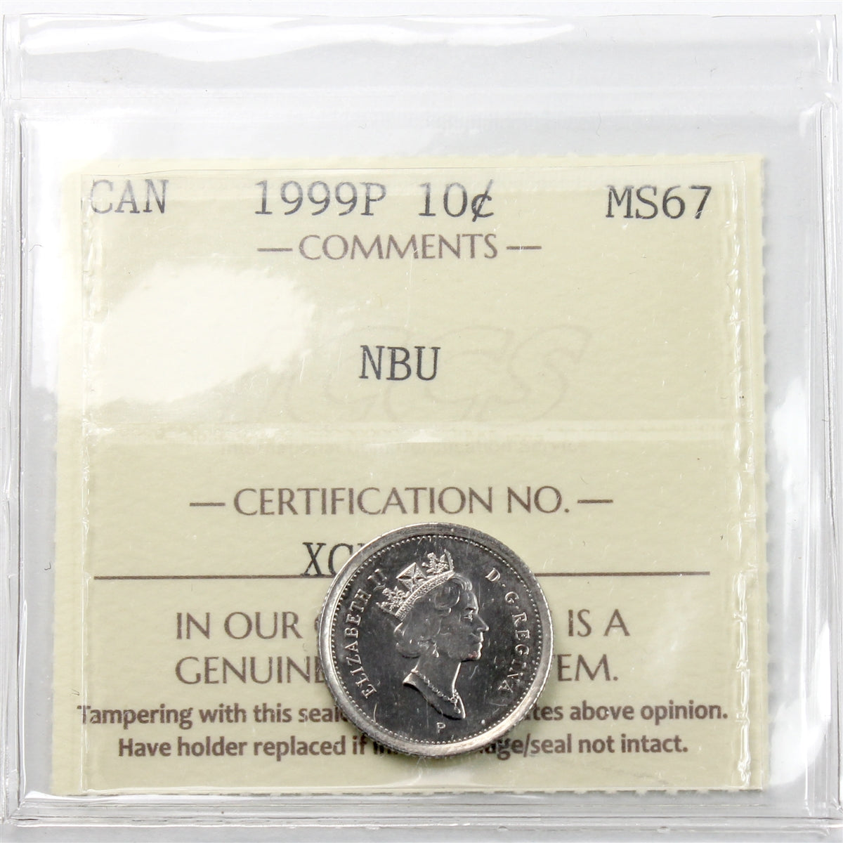 1999P Canada 10-cents ICCS Certified MS67 Numismatic BU