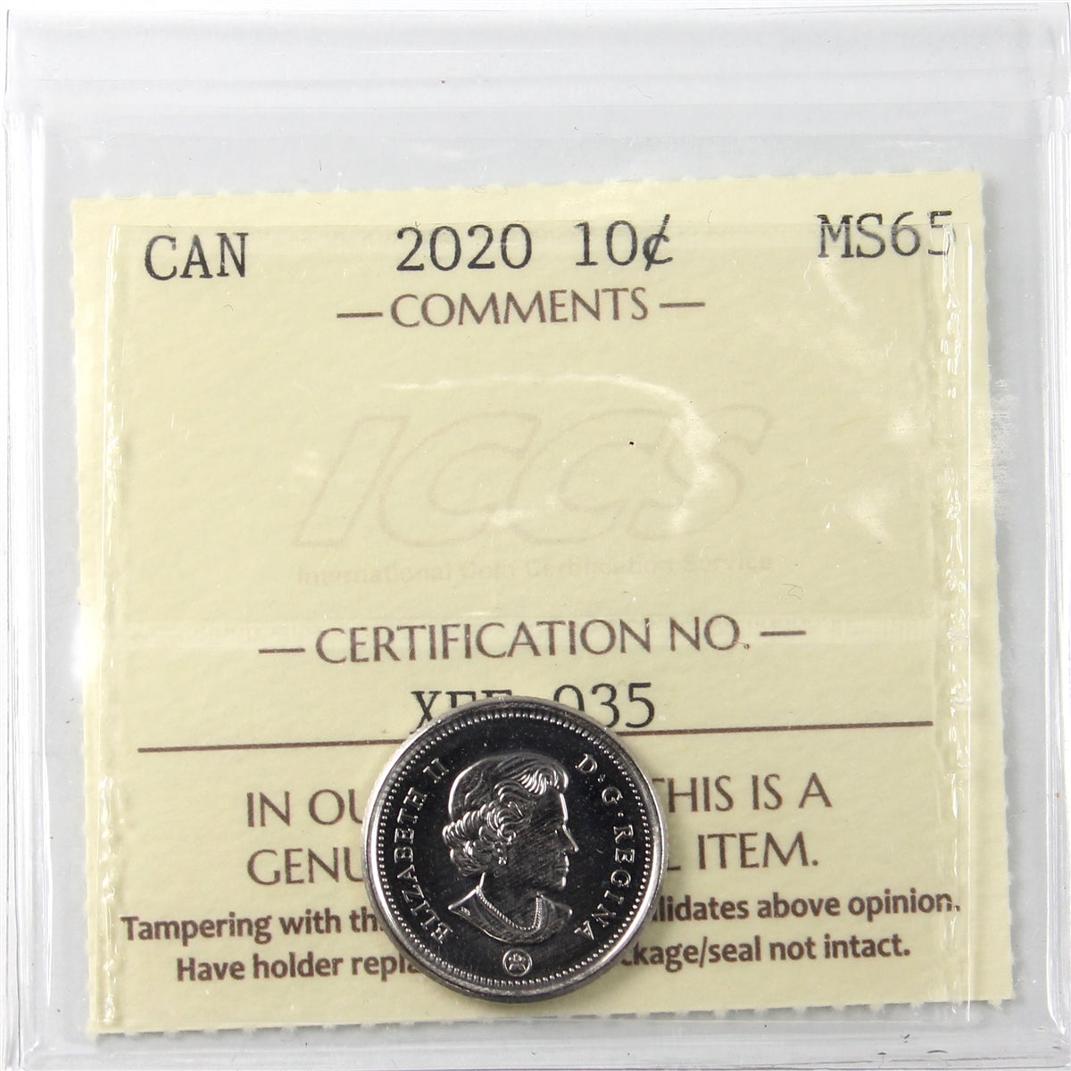 2020 Canada 10-cents ICCS Certified MS65