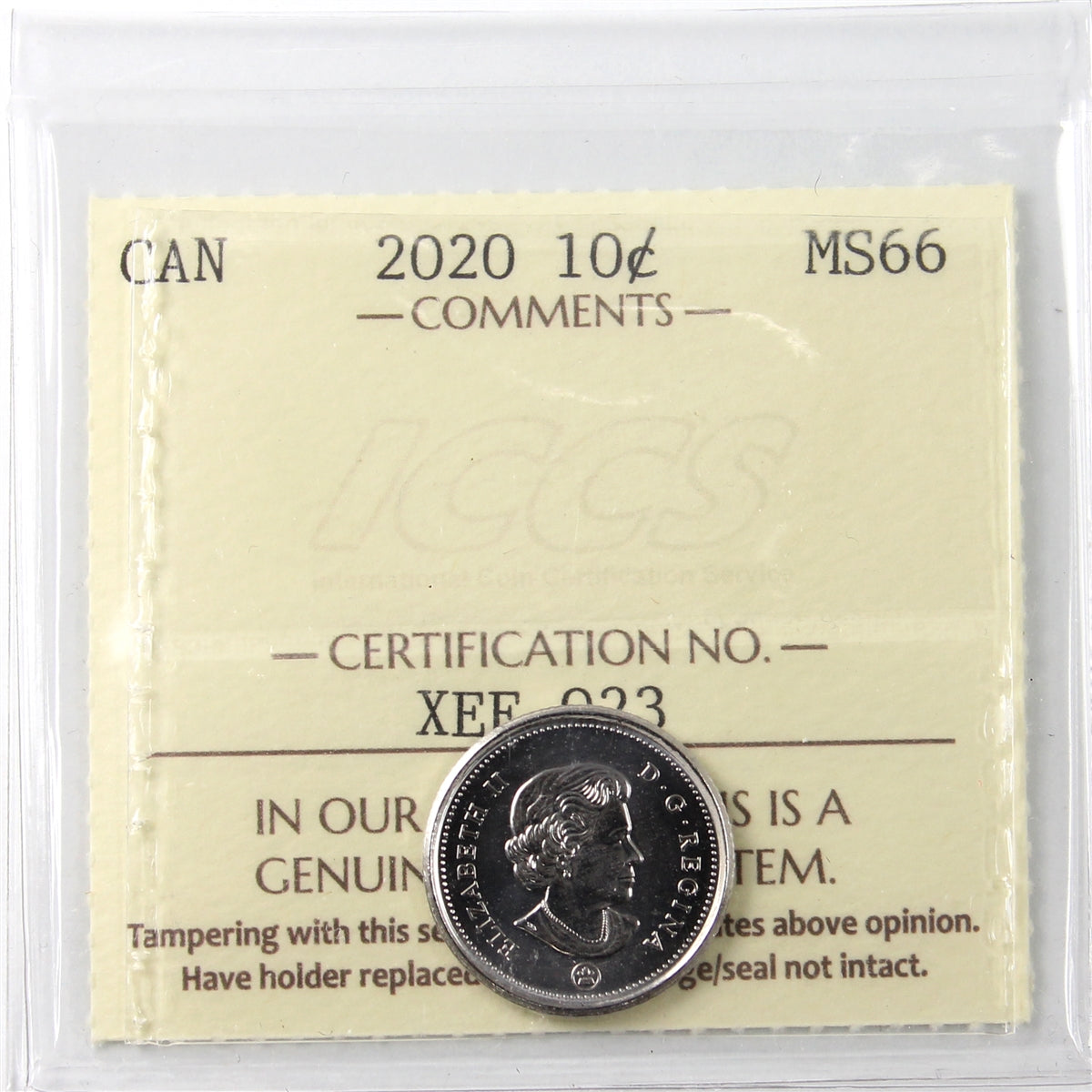 2020 Canada 10-cents ICCS Certified MS66
