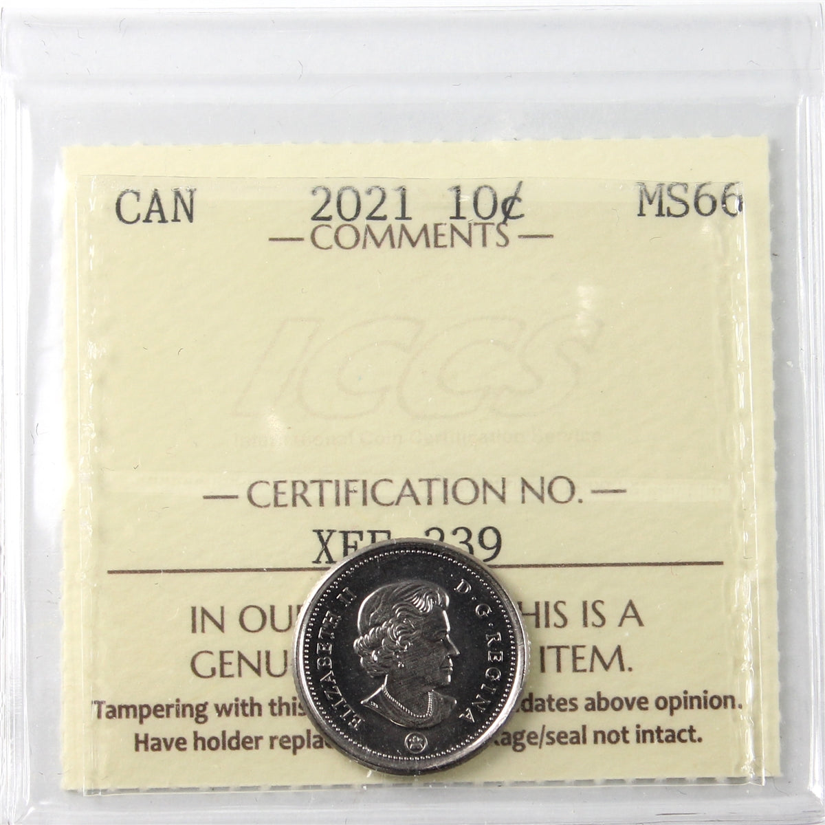 2021 Canada 10-cents ICCS Certified MS66