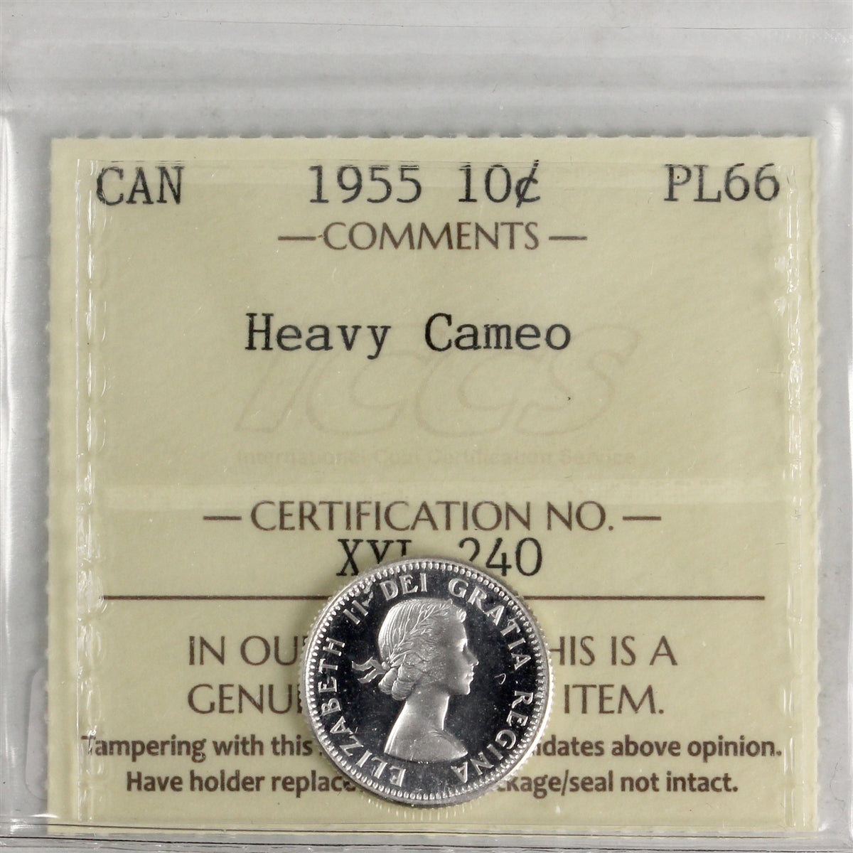 1955 Canada 10-cents ICCS Certified PL66 Heavy Cameo