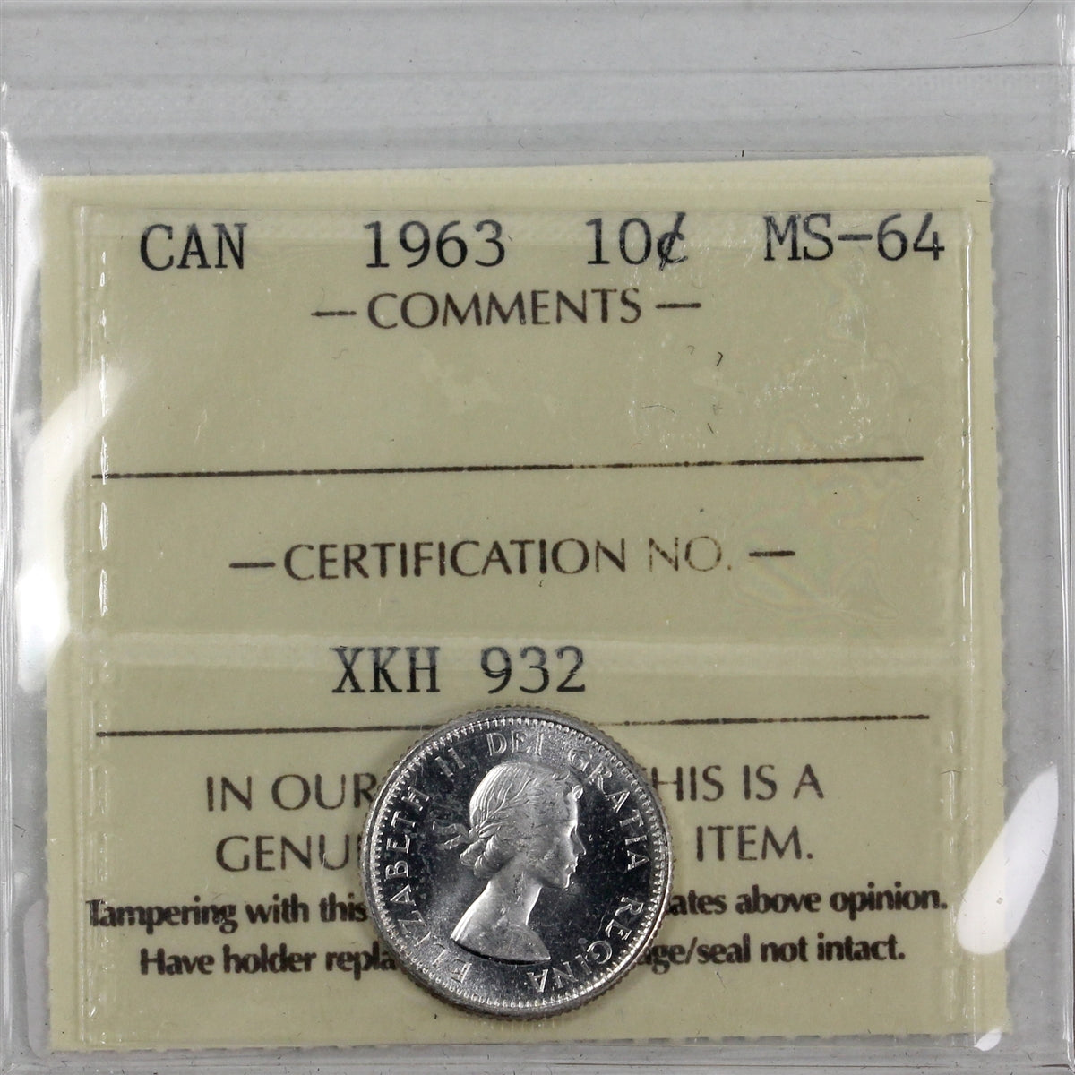 1963 Canada 10-cents ICCS Certified MS64