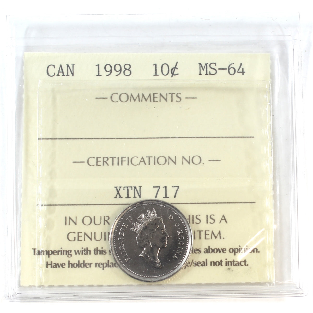 1998 Canada 10-cents ICCS Certified MS64