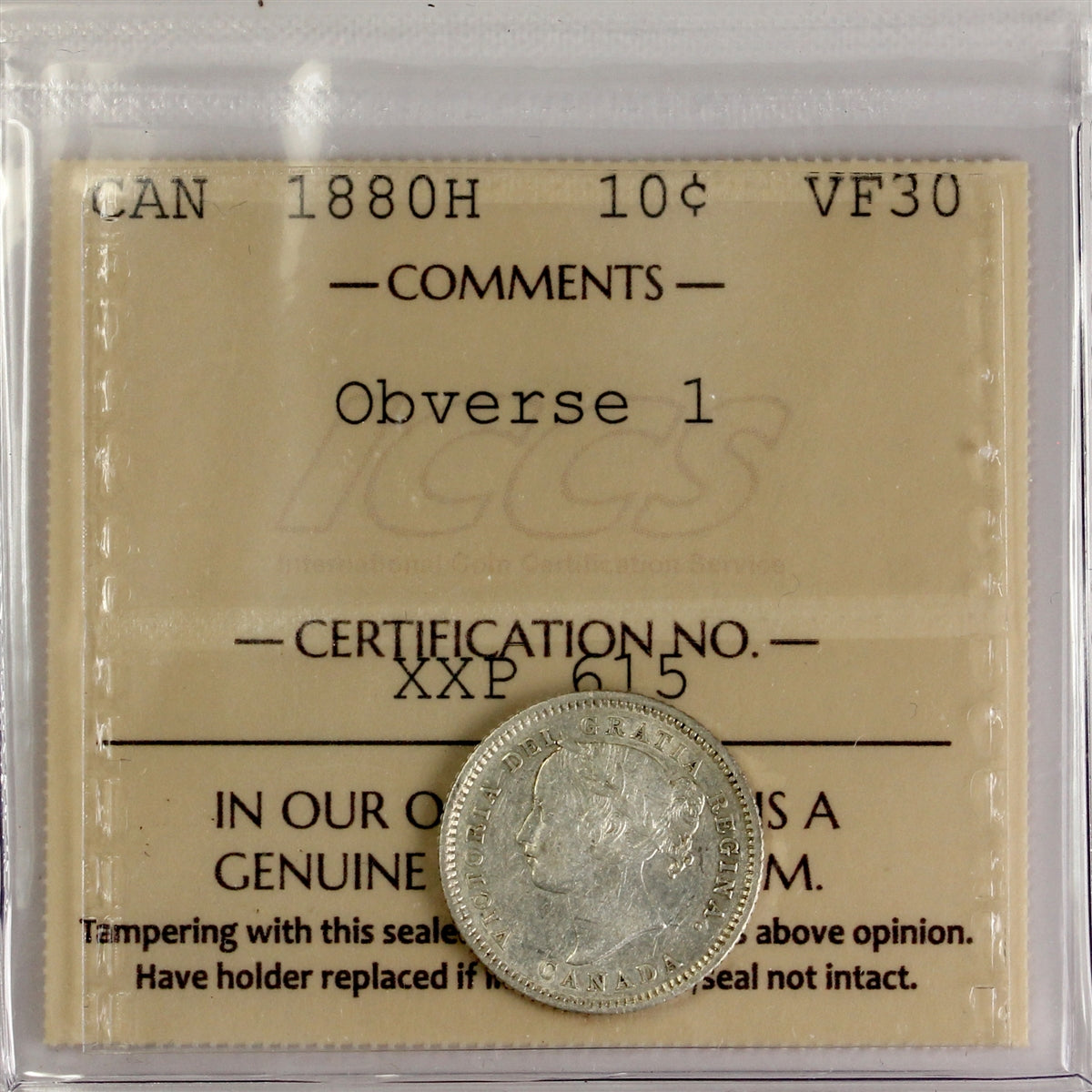 1880H Obv. 1 Canada 10-cents ICCS Certified VF30