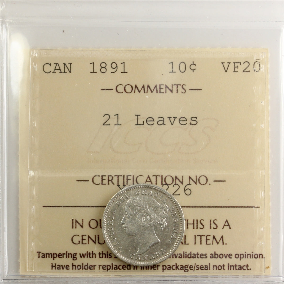 1891 21 Leaves Canada 10-cents ICCS Certified VF20