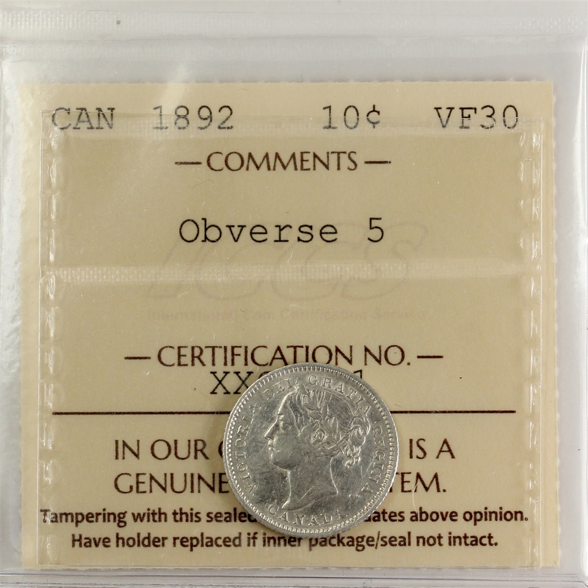 1892 Obv. 5 Canada 10-cents ICCS Certified VF30