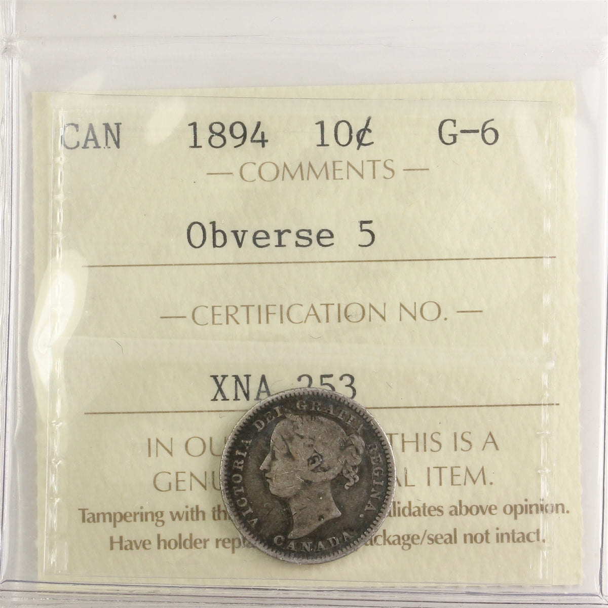 1894 Obv. 5 Canada 10-cents ICCS Certified G6