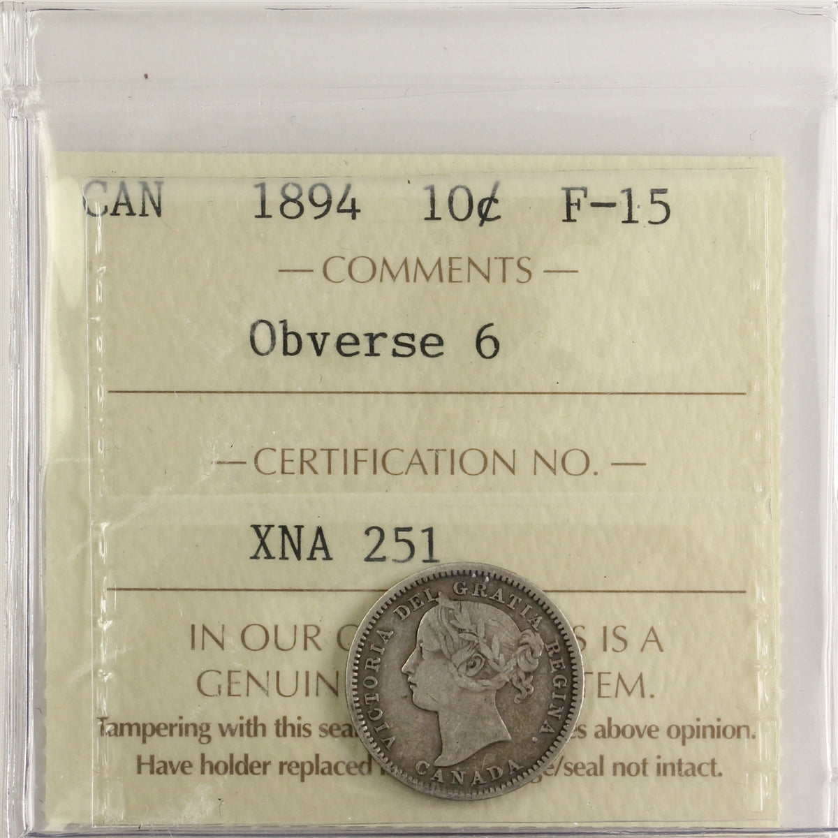 1894 Obv. 6 Canada 10-cents ICCS Certified F15