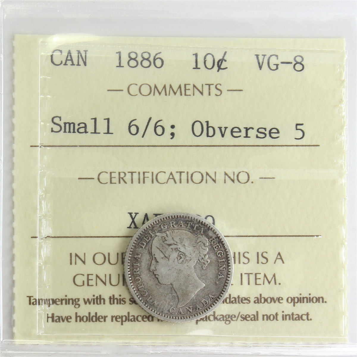 1886 Small 6/6, Obv. 5 Canada 10-cents ICCS Certified VG8
