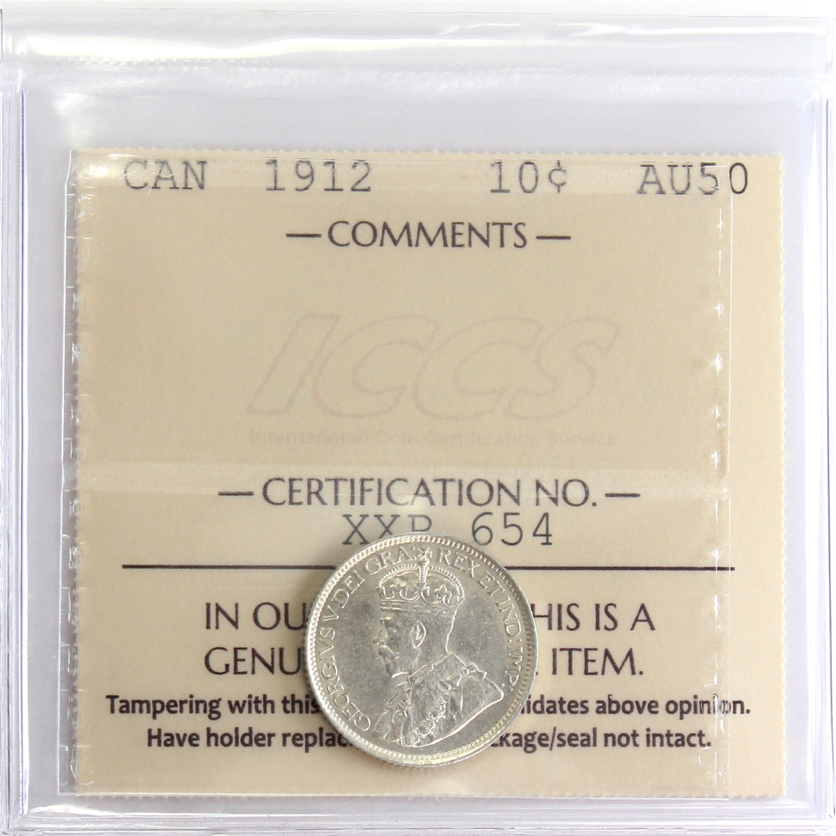1912 Canada 10-cents ICCS Certified AU50