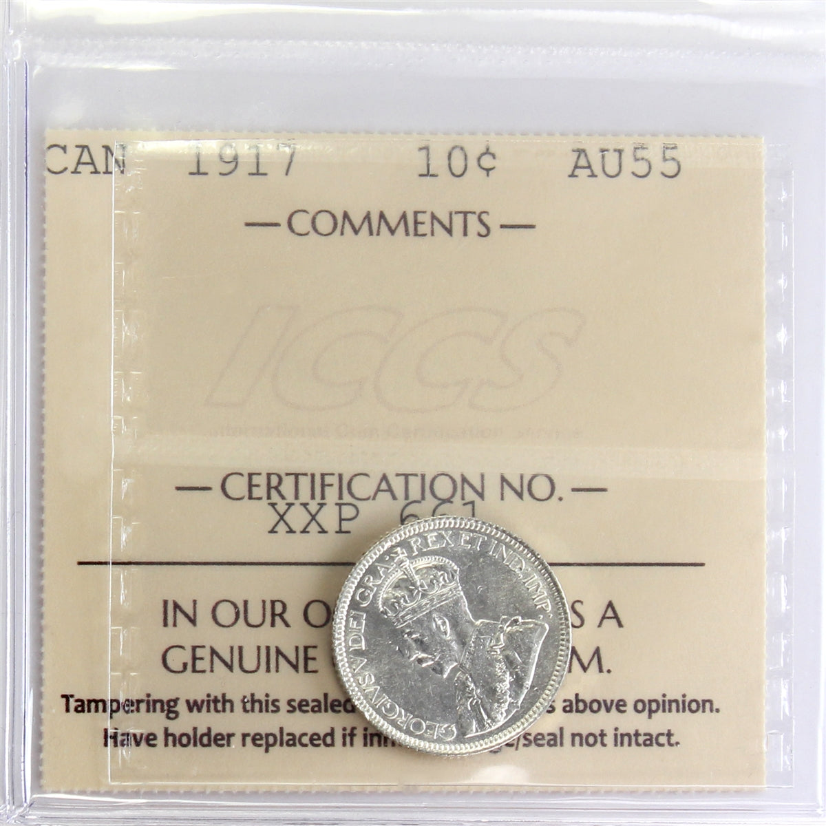 1917 Canada 10-cents ICCS Certified AU-55