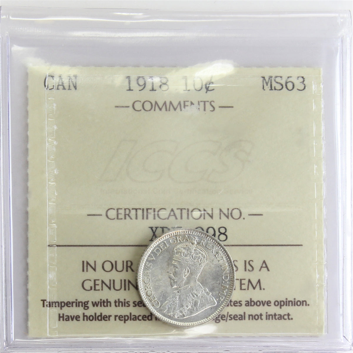 1918 Canada 10-cents ICCS Certified MS63