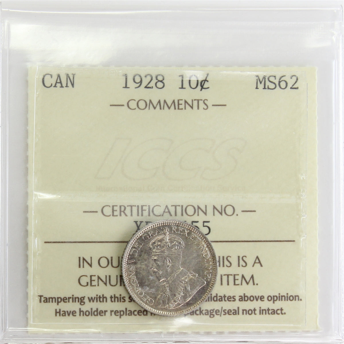 1928 Canada 10-cents ICCS Certified MS62