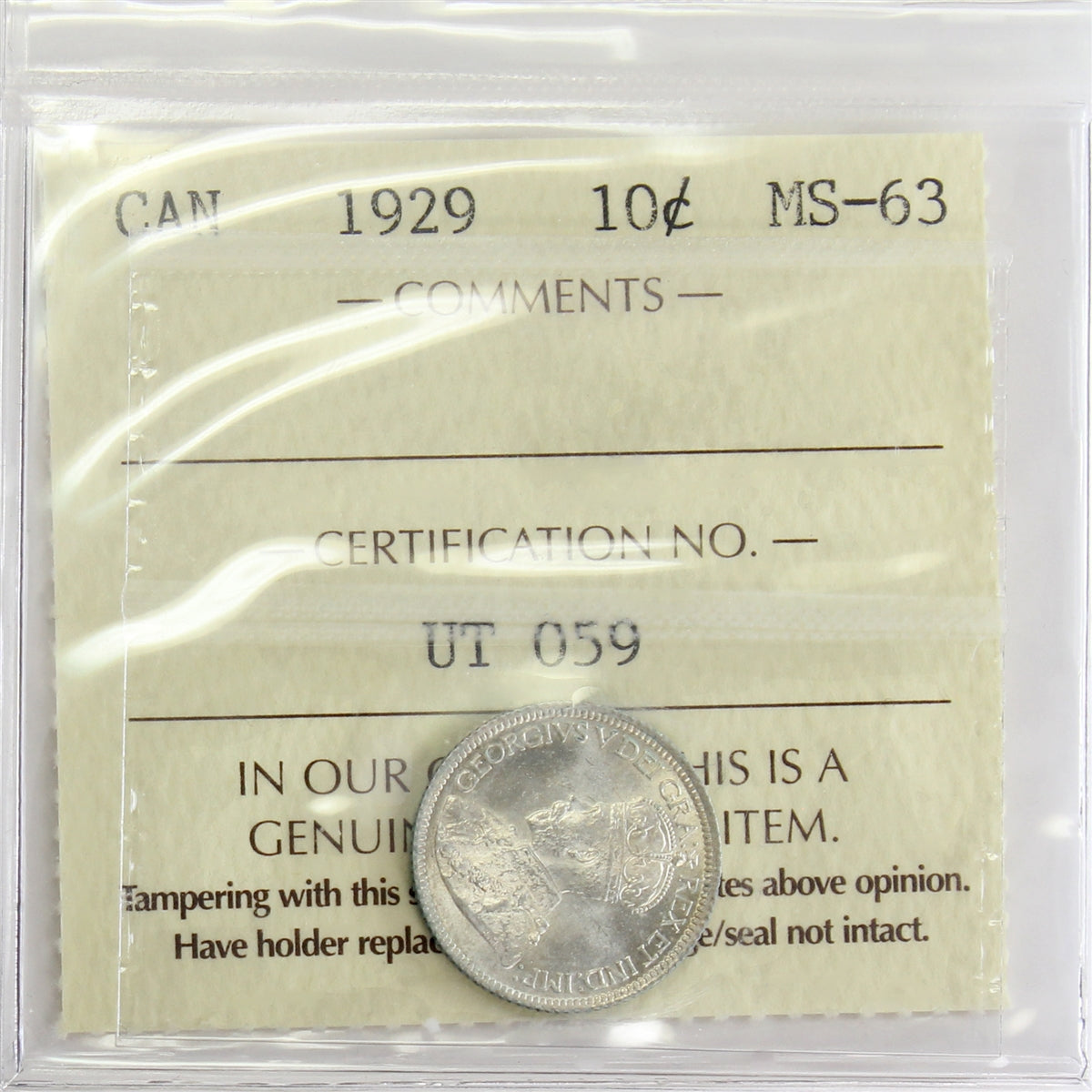 1929 Canada 10-cents ICCS Certified MS-63