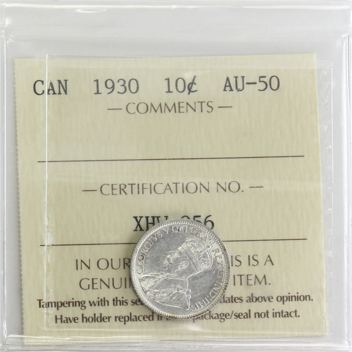 1930 Canada 10-cents ICCS Certified AU50